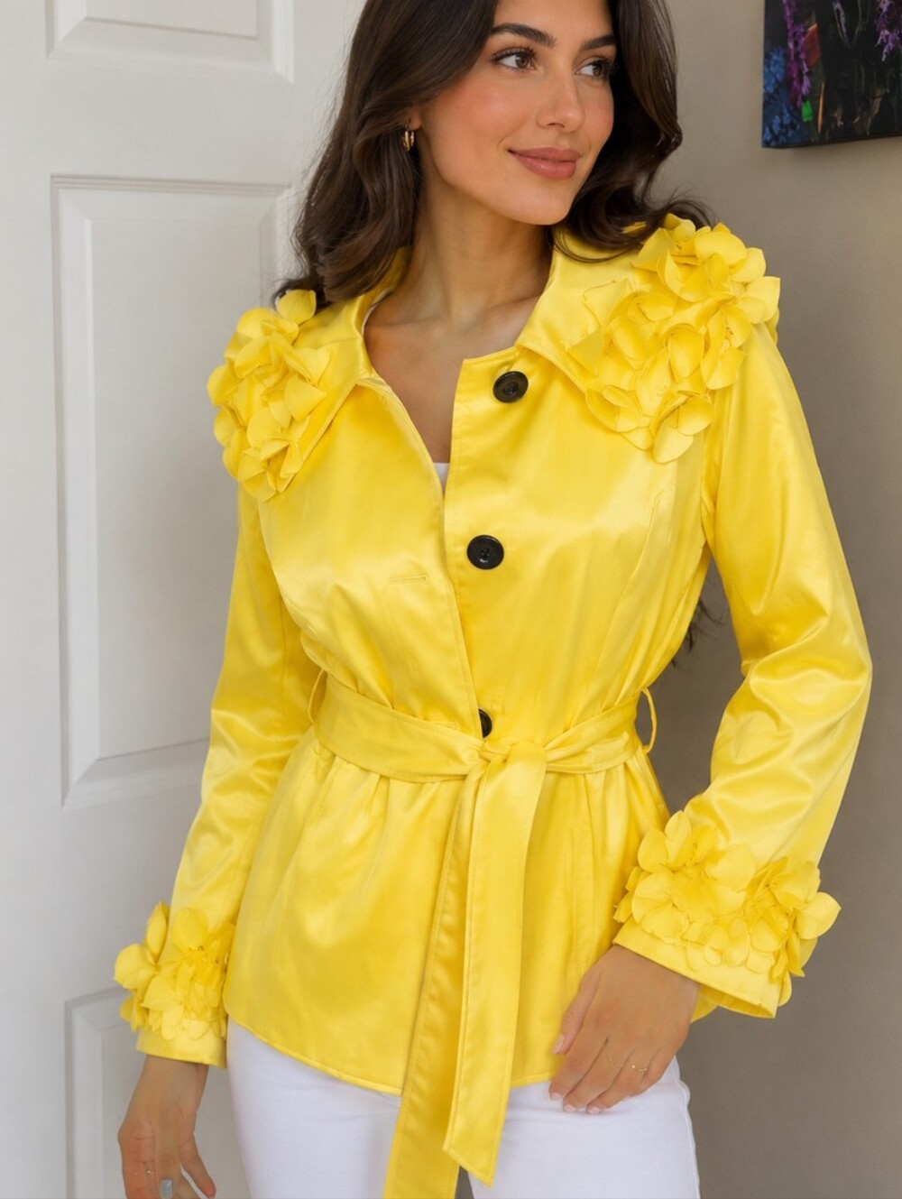 Multiples NWT 3/4 Sleeve Yellow Short Trench, Ruffles Buttons Tie Belt, S